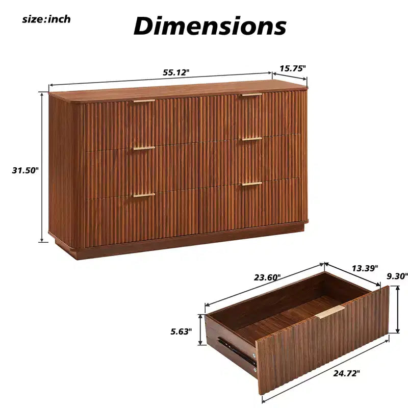 JVNOXK 6 Drawer Dressing Table, 55-inch Wide Modern Wave Curve Design, Dual-Function TV Cabinet&Dressing Cabinet, Wooden Storage Cabinet,Walnut