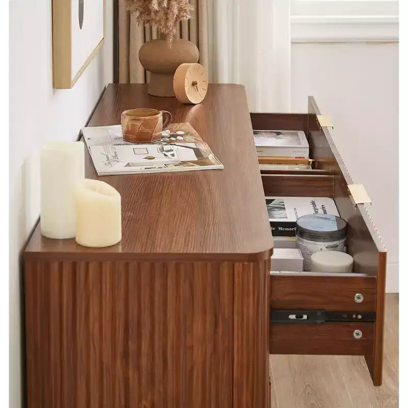 JVNOXK 6 Drawer Dressing Table, 55-inch Wide Modern Wave Curve Design, Dual-Function TV Cabinet&Dressing Cabinet, Wooden Storage Cabinet,Walnut