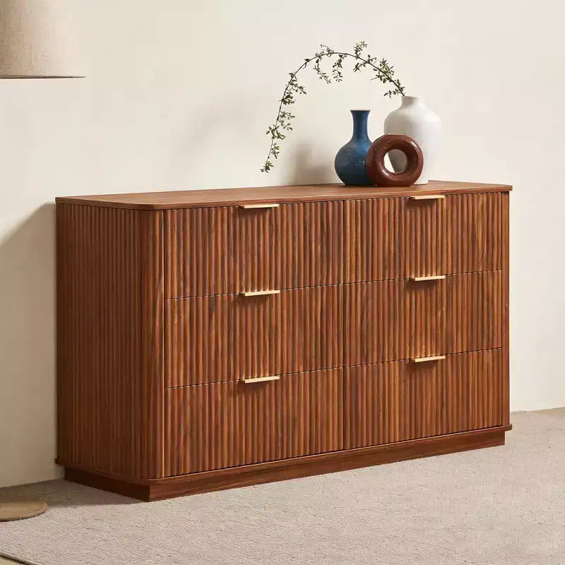 JVNOXK 6 Drawer Dressing Table, 55-inch Wide Modern Wave Curve Design, Dual-Function TV Cabinet&Dressing Cabinet, Wooden Storage Cabinet,Walnut