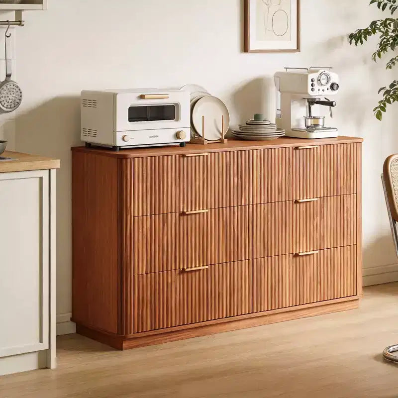 JVNOXK 6 Drawer Dressing Table, 55-inch Wide Modern Wave Curve Design, Dual-Function TV Cabinet&Dressing Cabinet, Wooden Storage Cabinet,Walnut