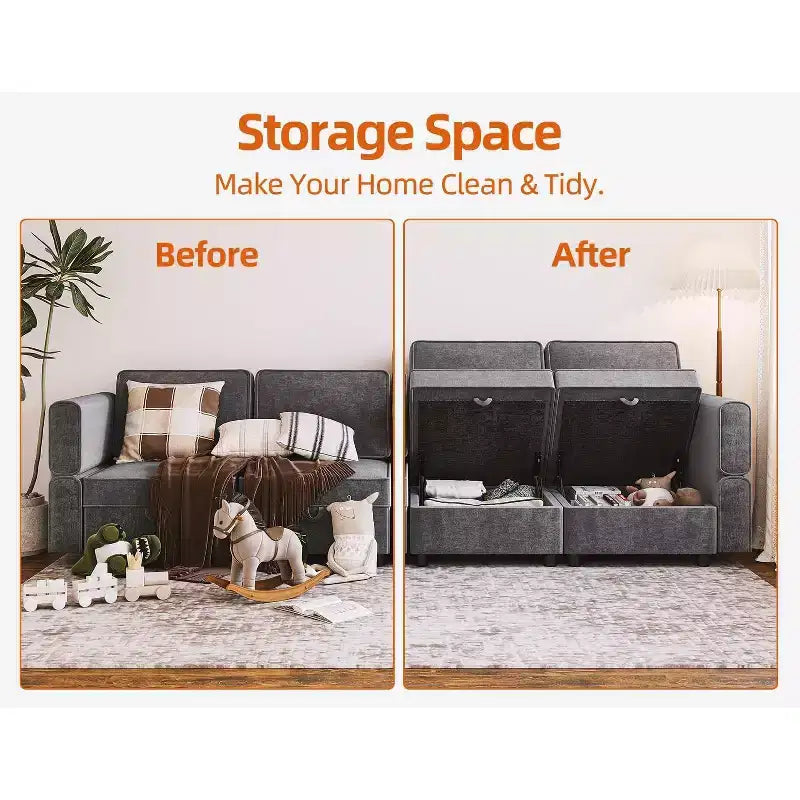 Canapé, Canapé Modulable Individuel avec Ottoman de Rangement, Dossier/Accoudoir Réglable en Chenille pour Petit Espace Salon/Chambre Bureau Gris Foncé