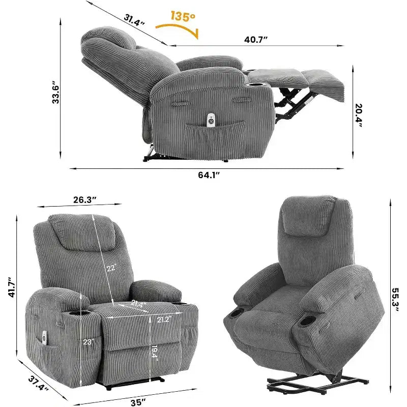 Acekool Power Lift Recliner Chair Corduroy, U-Headrest Massage Heat Chair with Dual Cup Holders for Living Room
