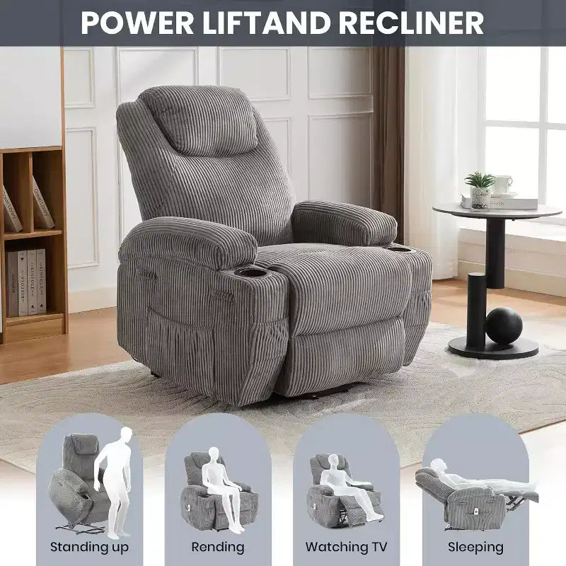 Acekool Power Lift Recliner Chair Corduroy, U-Headrest Massage Heat Chair with Dual Cup Holders for Living Room