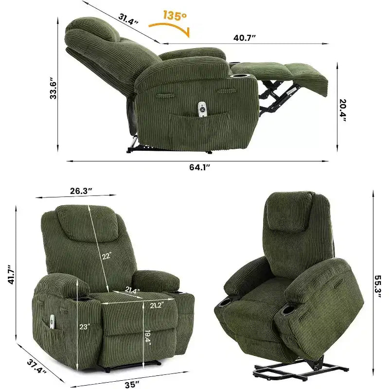Acekool Power Lift Recliner Chair Corduroy, U-Headrest Massage Heat Chair with Dual Cup Holders for Living Room