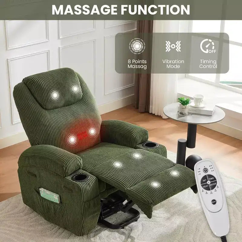 Acekool Power Lift Recliner Chair Corduroy, U-Headrest Massage Heat Chair with Dual Cup Holders for Living Room