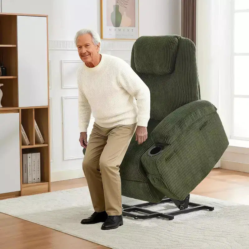 Acekool Power Lift Recliner Chair Corduroy, U-Headrest Massage Heat Chair with Dual Cup Holders for Living Room