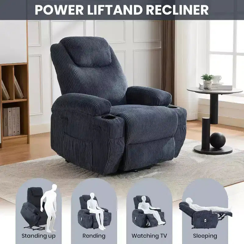 Acekool Power Lift Recliner Chair Corduroy, U-Headrest Massage Heat Chair with Dual Cup Holders for Living Room