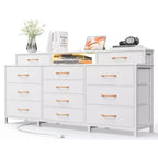 Commode Blanche à 12 Tiroirs pour Chambre avec Lumières LED et Prises de Courant Commode de Rangement en Tissu Large de 140 cm avec 2 Étagères Dessus en Bois Grand Meuble Multimédia