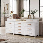 Commode Blanche à 12 Tiroirs pour Chambre avec Lumières LED et Prises de Courant Commode de Rangement en Tissu Large de 140 cm avec 2 Étagères Dessus en Bois Grand Meuble Multimédia