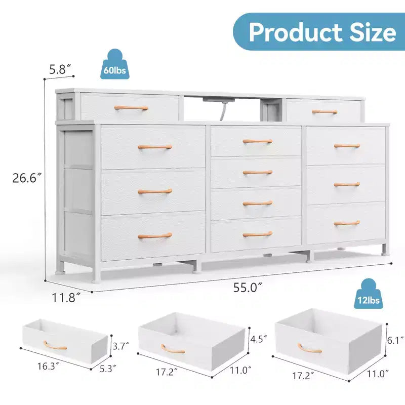 Commode Blanche à 12 Tiroirs pour Chambre avec Lumières LED et Prises de Courant Commode de Rangement en Tissu Large de 140 cm avec 2 Étagères Dessus en Bois Grand Meuble Multimédia