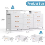 Commode Blanche à 12 Tiroirs pour Chambre avec Lumières LED et Prises de Courant Commode de Rangement en Tissu Large de 140 cm avec 2 Étagères Dessus en Bois Grand Meuble Multimédia