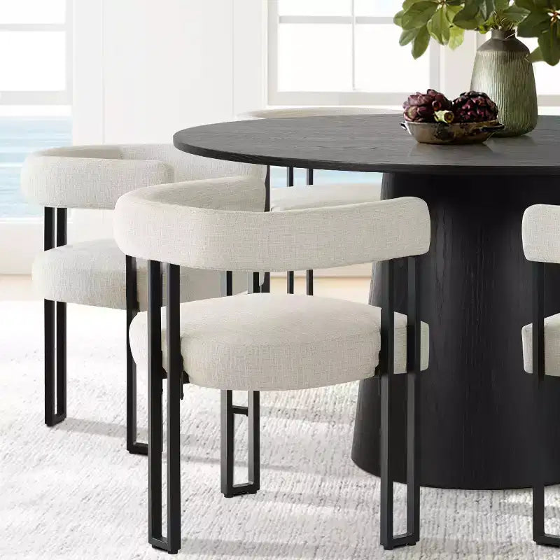 7-Piece Round Dining Table Set with 6 Upholstered Chenille Chairs, 52 Modern Pedestal Table with Metal Leg Dining Chairs for Kitchen-Panipeachy