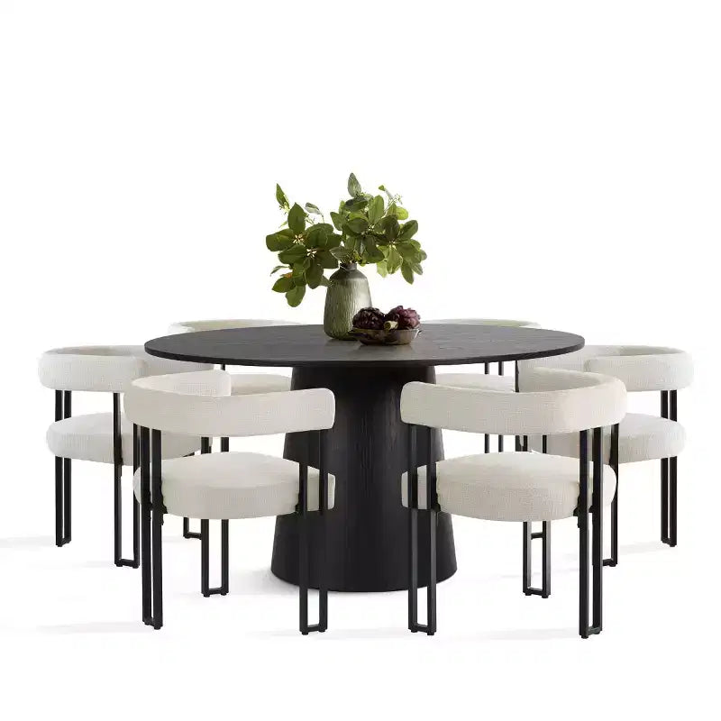 7-Piece Round Dining Table Set with 6 Upholstered Chenille Chairs, 52 Modern Pedestal Table with Metal Leg Dining Chairs for Kitchen-Panipeachy