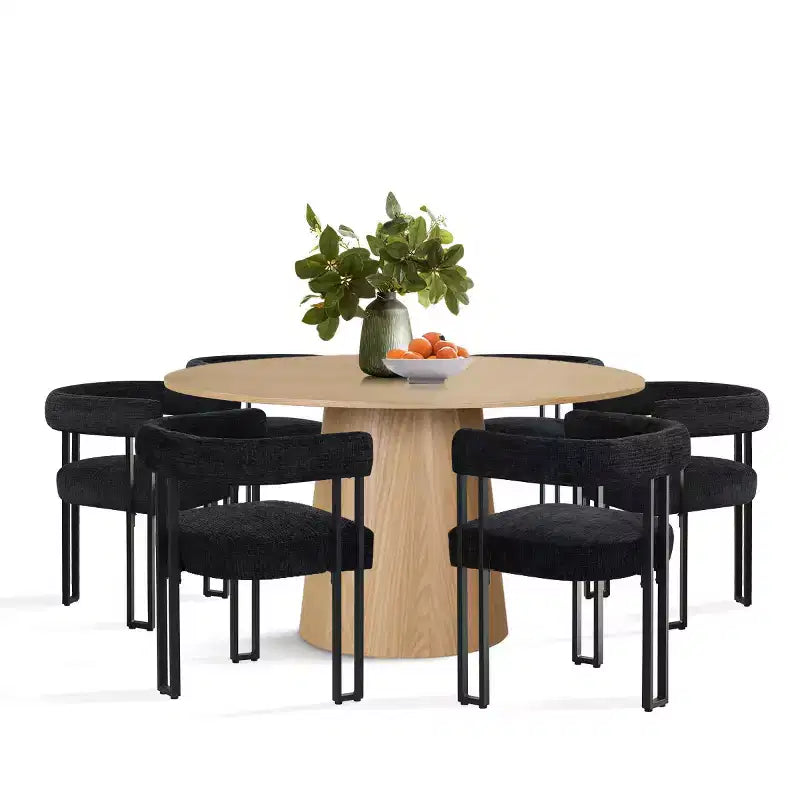 7-Piece Round Dining Table Set with 6 Upholstered Chenille Chairs, 52 Modern Pedestal Table with Metal Leg Dining Chairs for Kitchen-Panipeachy