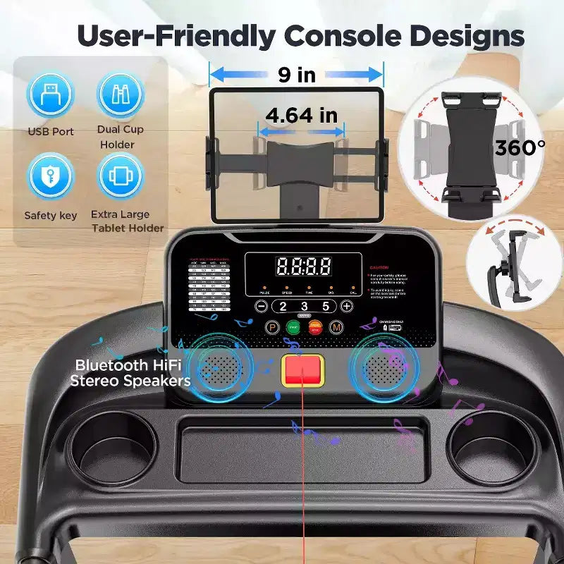 Foldable Home Treadmill with 9% 3-Level Manual Incline,300 lbs Capacity and HIFi Bluetooth Speaker for Home with Walking Running