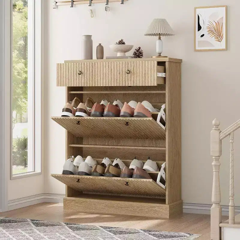 Large Fluted Shoe Cabinet: Features 2 Flip-Down & 1 Top Drawer with Adjustable Shelves. Freestanding Narrow Organizer for Entryway or Hallway.