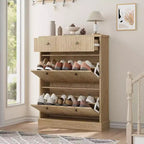 Large Fluted Shoe Cabinet: Features 2 Flip-Down & 1 Top Drawer with Adjustable Shelves. Freestanding Narrow Organizer for Entryway or Hallway.