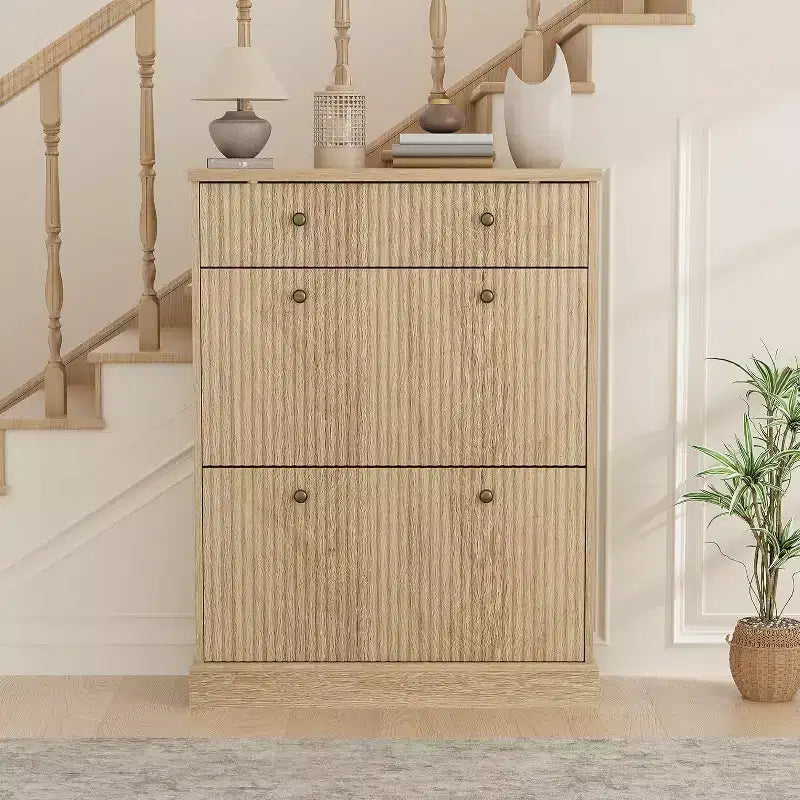 Large Fluted Shoe Cabinet: Features 2 Flip-Down & 1 Top Drawer with Adjustable Shelves. Freestanding Narrow Organizer for Entryway or Hallway.