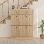 Large Fluted Shoe Cabinet: Features 2 Flip-Down & 1 Top Drawer with Adjustable Shelves. Freestanding Narrow Organizer for Entryway or Hallway.