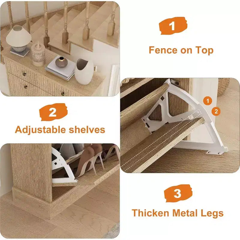 Large Fluted Shoe Cabinet: Features 2 Flip-Down & 1 Top Drawer with Adjustable Shelves. Freestanding Narrow Organizer for Entryway or Hallway.