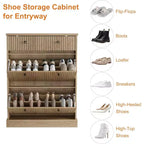 Large Fluted Shoe Cabinet: Features 2 Flip-Down & 1 Top Drawer with Adjustable Shelves. Freestanding Narrow Organizer for Entryway or Hallway.