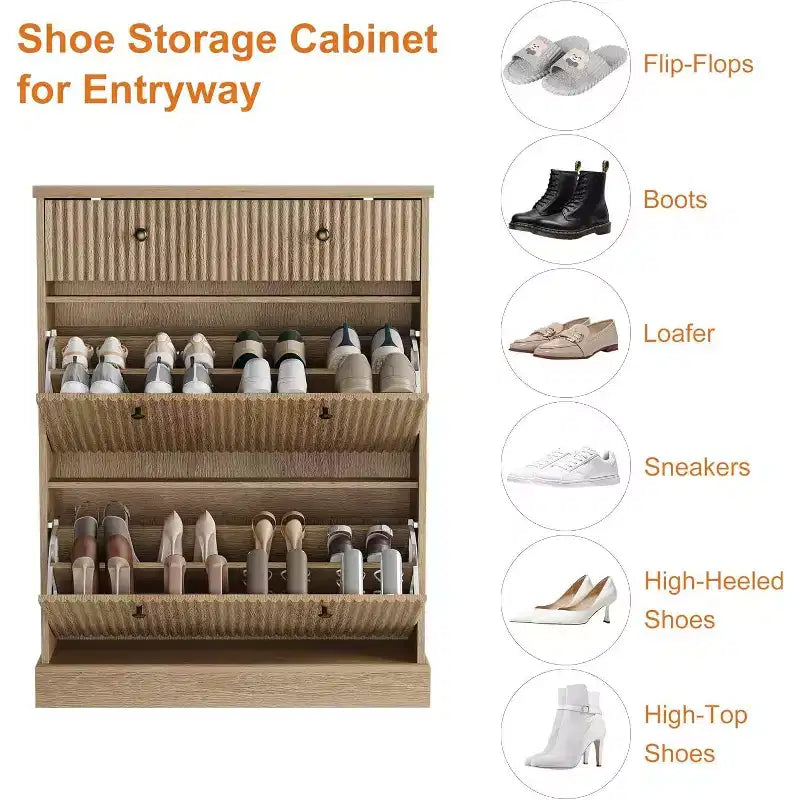 Large Fluted Shoe Cabinet: Features 2 Flip-Down & 1 Top Drawer with Adjustable Shelves. Freestanding Narrow Organizer for Entryway or Hallway.