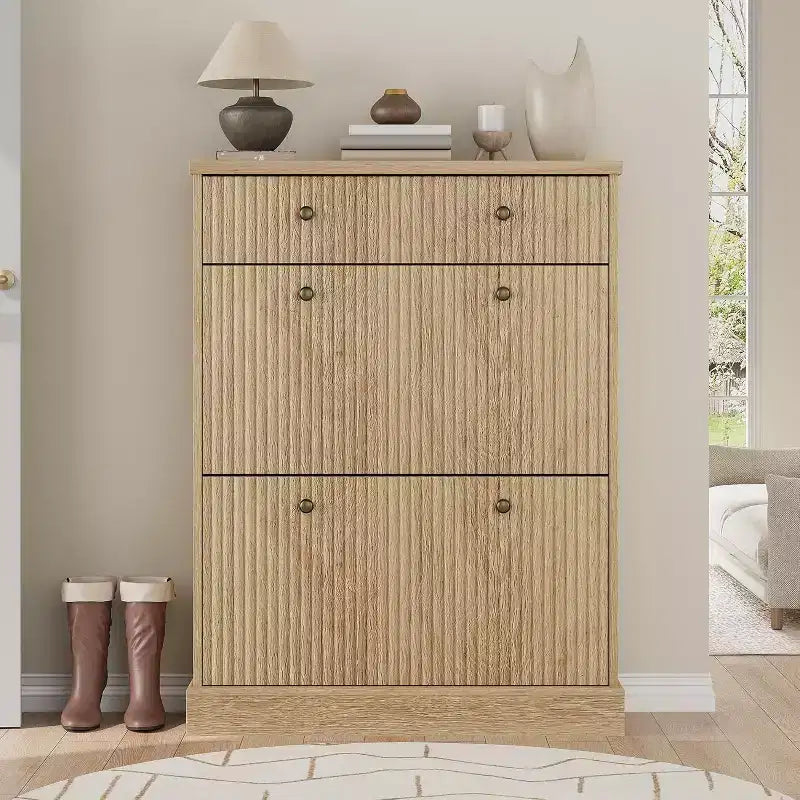 Large Fluted Shoe Cabinet: Features 2 Flip-Down & 1 Top Drawer with Adjustable Shelves. Freestanding Narrow Organizer for Entryway or Hallway.