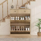 Large Fluted Shoe Cabinet: Features 2 Flip-Down & 1 Top Drawer with Adjustable Shelves. Freestanding Narrow Organizer for Entryway or Hallway.