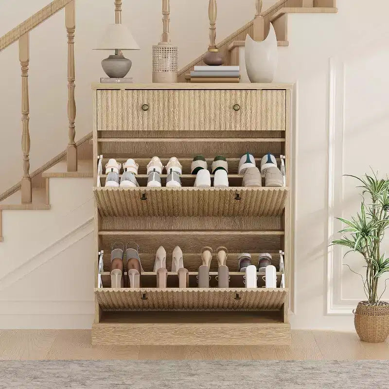 Large Fluted Shoe Cabinet: Features 2 Flip-Down & 1 Top Drawer with Adjustable Shelves. Freestanding Narrow Organizer for Entryway or Hallway.