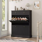 Large Fluted Shoe Cabinet: Features 2 Flip-Down & 1 Top Drawer with Adjustable Shelves. Freestanding Narrow Organizer for Entryway or Hallway.