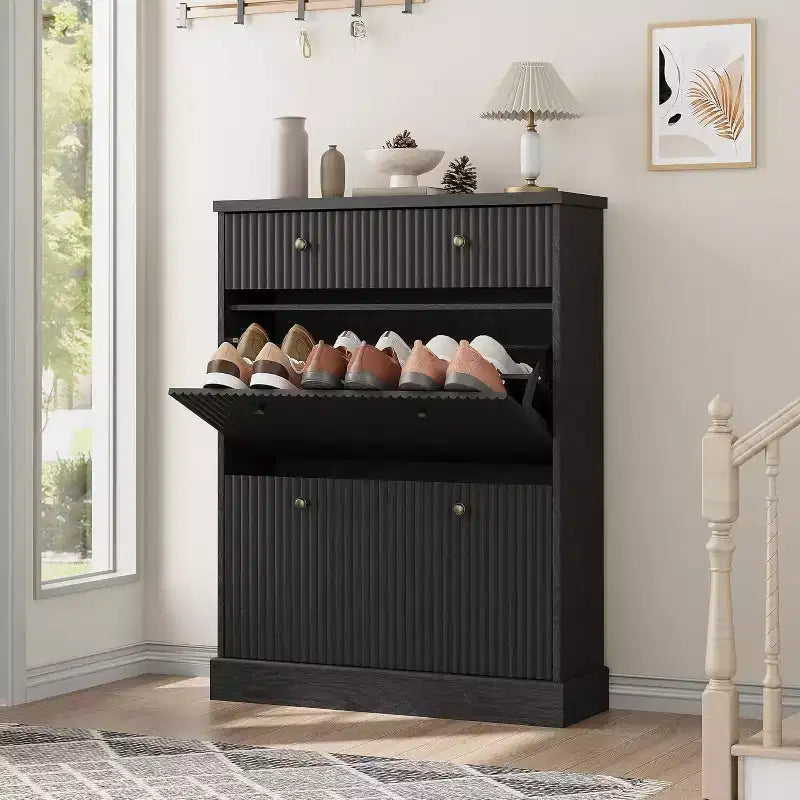 Large Fluted Shoe Cabinet: Features 2 Flip-Down & 1 Top Drawer with Adjustable Shelves. Freestanding Narrow Organizer for Entryway or Hallway.