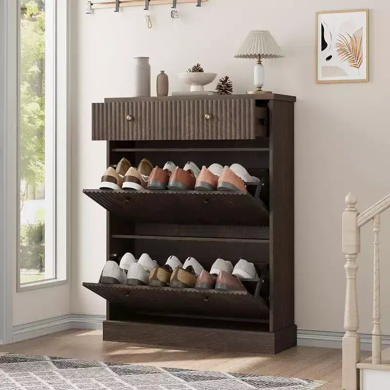 Large Fluted Shoe Cabinet: Features 2 Flip-Down & 1 Top Drawer with Adjustable Shelves. Freestanding Narrow Organizer for Entryway or Hallway.