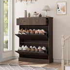 Large Fluted Shoe Cabinet: Features 2 Flip-Down & 1 Top Drawer with Adjustable Shelves. Freestanding Narrow Organizer for Entryway or Hallway.