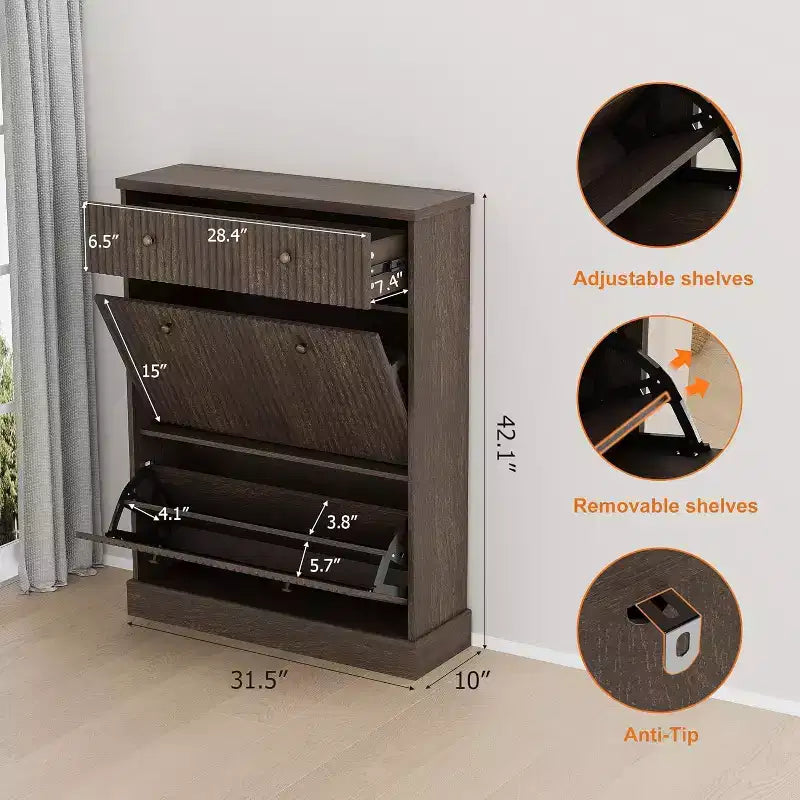 Large Fluted Shoe Cabinet: Features 2 Flip-Down & 1 Top Drawer with Adjustable Shelves. Freestanding Narrow Organizer for Entryway or Hallway.