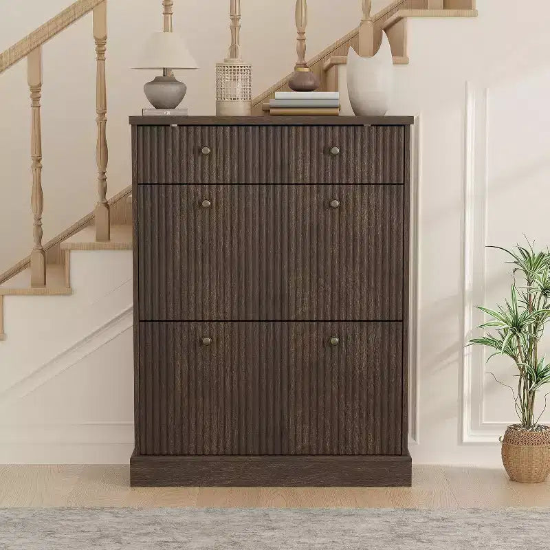 Large Fluted Shoe Cabinet: Features 2 Flip-Down & 1 Top Drawer with Adjustable Shelves. Freestanding Narrow Organizer for Entryway or Hallway.