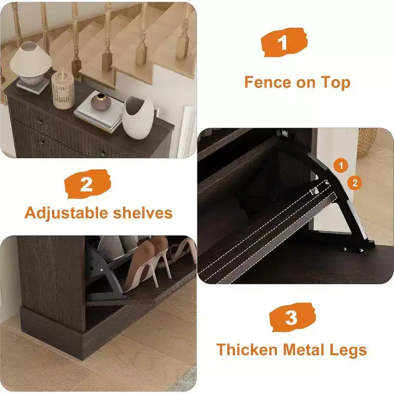 Large Fluted Shoe Cabinet: Features 2 Flip-Down & 1 Top Drawer with Adjustable Shelves. Freestanding Narrow Organizer for Entryway or Hallway.