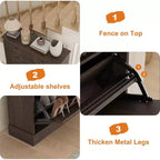 Large Fluted Shoe Cabinet: Features 2 Flip-Down & 1 Top Drawer with Adjustable Shelves. Freestanding Narrow Organizer for Entryway or Hallway.