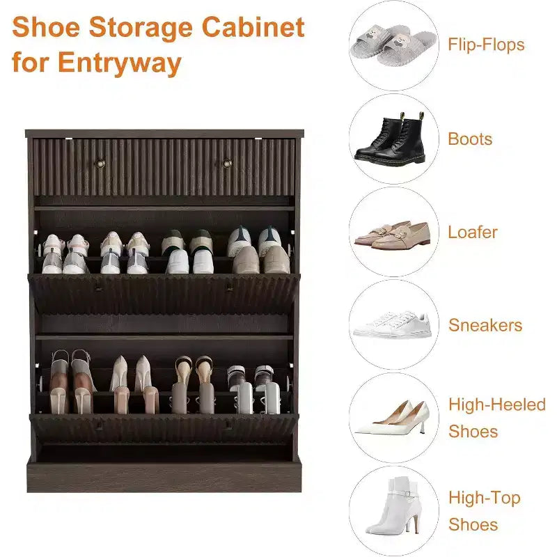 Large Fluted Shoe Cabinet: Features 2 Flip-Down & 1 Top Drawer with Adjustable Shelves. Freestanding Narrow Organizer for Entryway or Hallway.