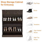 Large Fluted Shoe Cabinet: Features 2 Flip-Down & 1 Top Drawer with Adjustable Shelves. Freestanding Narrow Organizer for Entryway or Hallway.