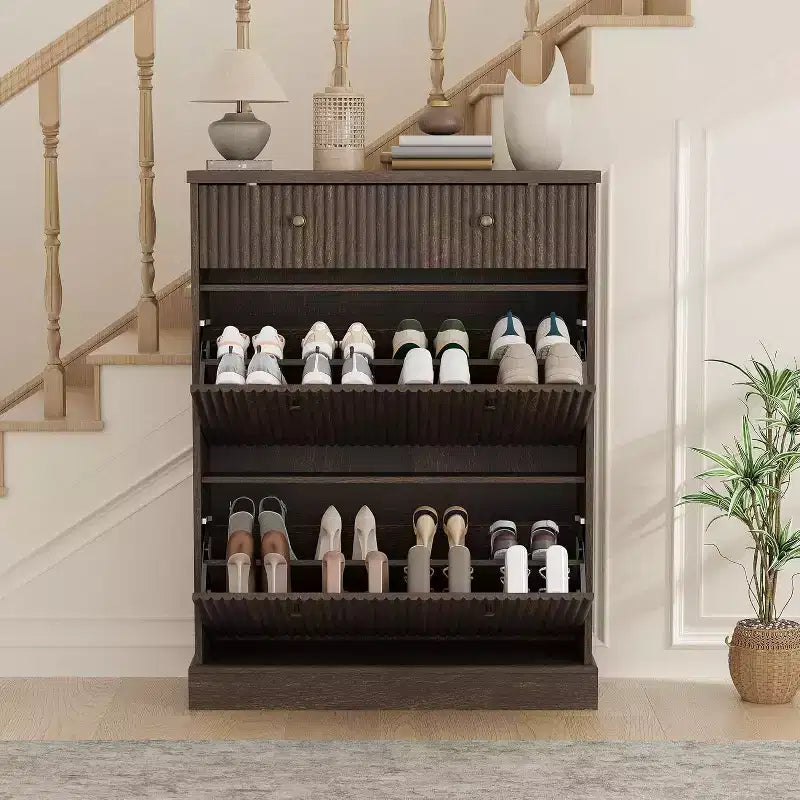 Large Fluted Shoe Cabinet: Features 2 Flip-Down & 1 Top Drawer with Adjustable Shelves. Freestanding Narrow Organizer for Entryway or Hallway.