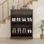 Large Fluted Shoe Cabinet: Features 2 Flip-Down & 1 Top Drawer with Adjustable Shelves. Freestanding Narrow Organizer for Entryway or Hallway.