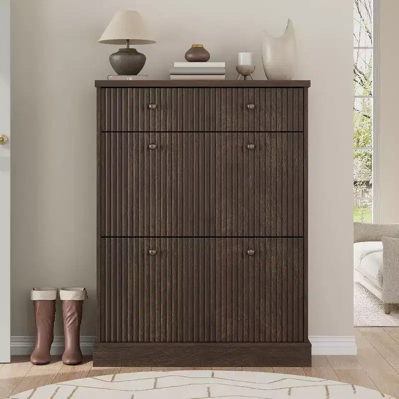 Large Fluted Shoe Cabinet: Features 2 Flip-Down & 1 Top Drawer with Adjustable Shelves. Freestanding Narrow Organizer for Entryway or Hallway.
