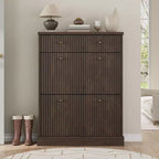 Large Fluted Shoe Cabinet: Features 2 Flip-Down & 1 Top Drawer with Adjustable Shelves. Freestanding Narrow Organizer for Entryway or Hallway.