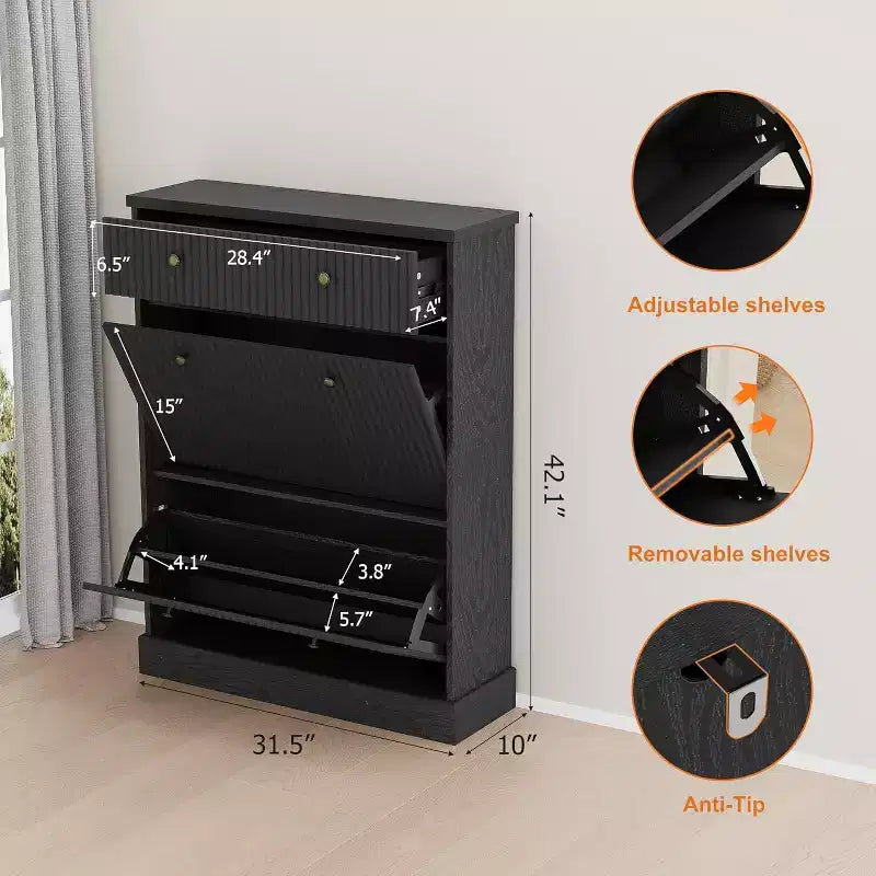 Large Fluted Shoe Cabinet: Features 2 Flip-Down & 1 Top Drawer with Adjustable Shelves. Freestanding Narrow Organizer for Entryway or Hallway.