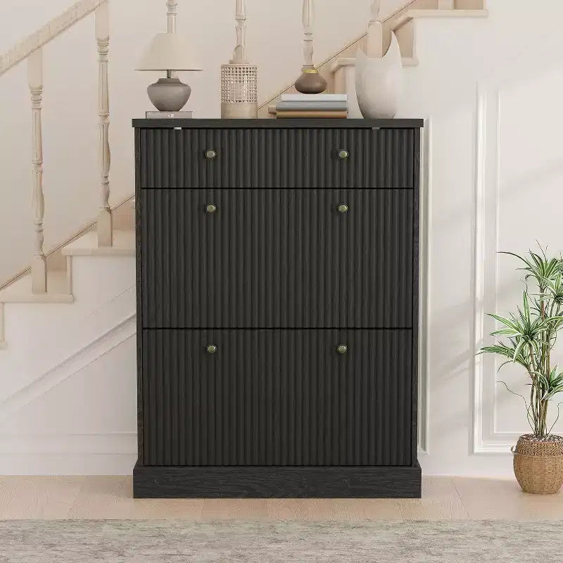 Large Fluted Shoe Cabinet: Features 2 Flip-Down & 1 Top Drawer with Adjustable Shelves. Freestanding Narrow Organizer for Entryway or Hallway.