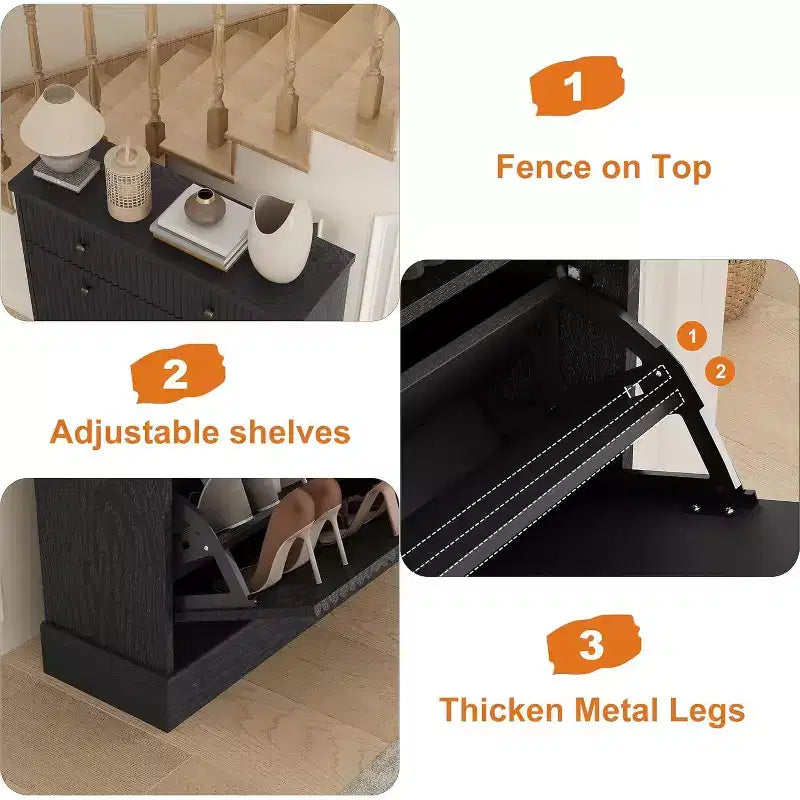 Large Fluted Shoe Cabinet: Features 2 Flip-Down & 1 Top Drawer with Adjustable Shelves. Freestanding Narrow Organizer for Entryway or Hallway.