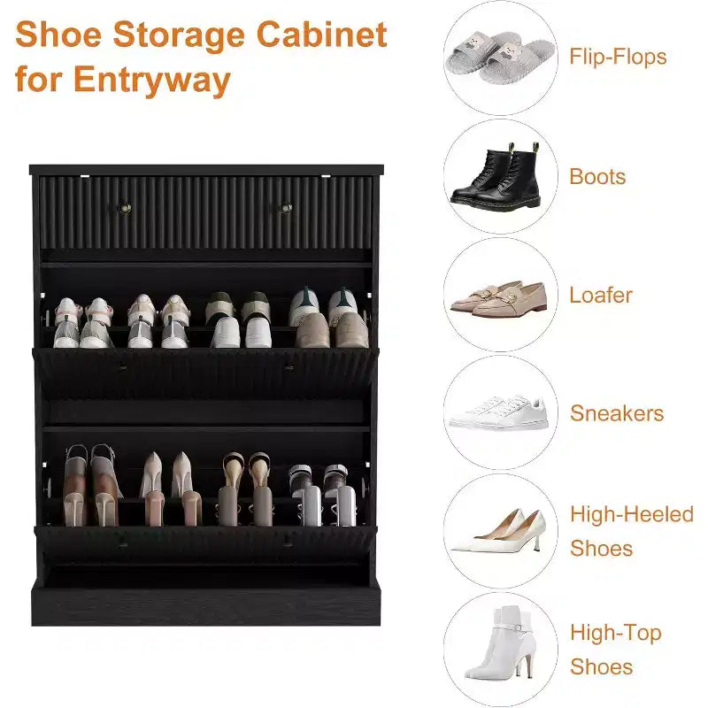 Large Fluted Shoe Cabinet: Features 2 Flip-Down & 1 Top Drawer with Adjustable Shelves. Freestanding Narrow Organizer for Entryway or Hallway.