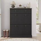 Large Fluted Shoe Cabinet: Features 2 Flip-Down & 1 Top Drawer with Adjustable Shelves. Freestanding Narrow Organizer for Entryway or Hallway.