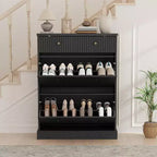 Large Fluted Shoe Cabinet: Features 2 Flip-Down & 1 Top Drawer with Adjustable Shelves. Freestanding Narrow Organizer for Entryway or Hallway.