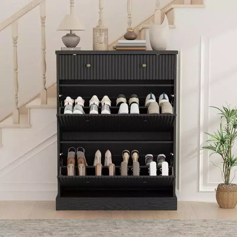 Large Fluted Shoe Cabinet: Features 2 Flip-Down & 1 Top Drawer with Adjustable Shelves. Freestanding Narrow Organizer for Entryway or Hallway.